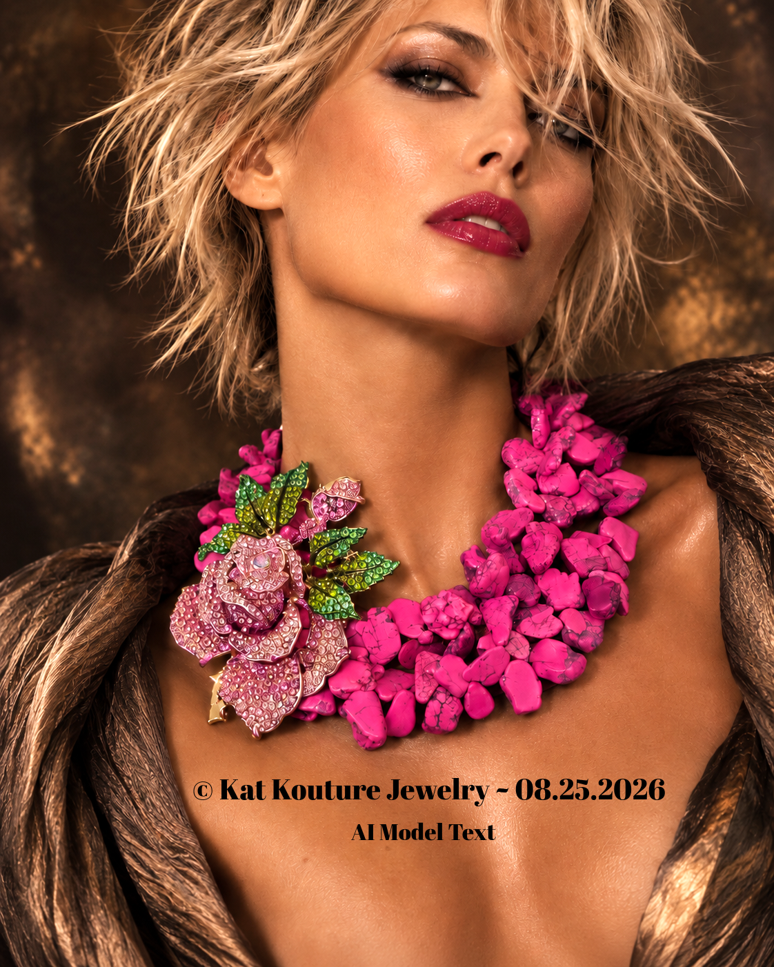 Hot Pink Magnesite Slab Statement Necklace - Detachable Rhinestone Rose Brooch