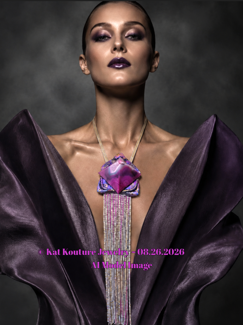 Art Deco Purple & Pink Crystal Agate Pyramid Pendant - Rhinestone Fringe