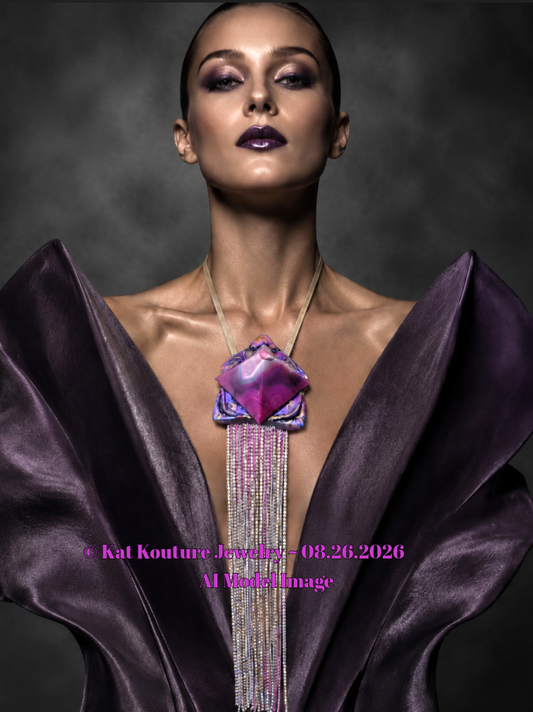 Art Deco Purple & Pink Crystal Agate Pyramid Pendant - Rhinestone Fringe