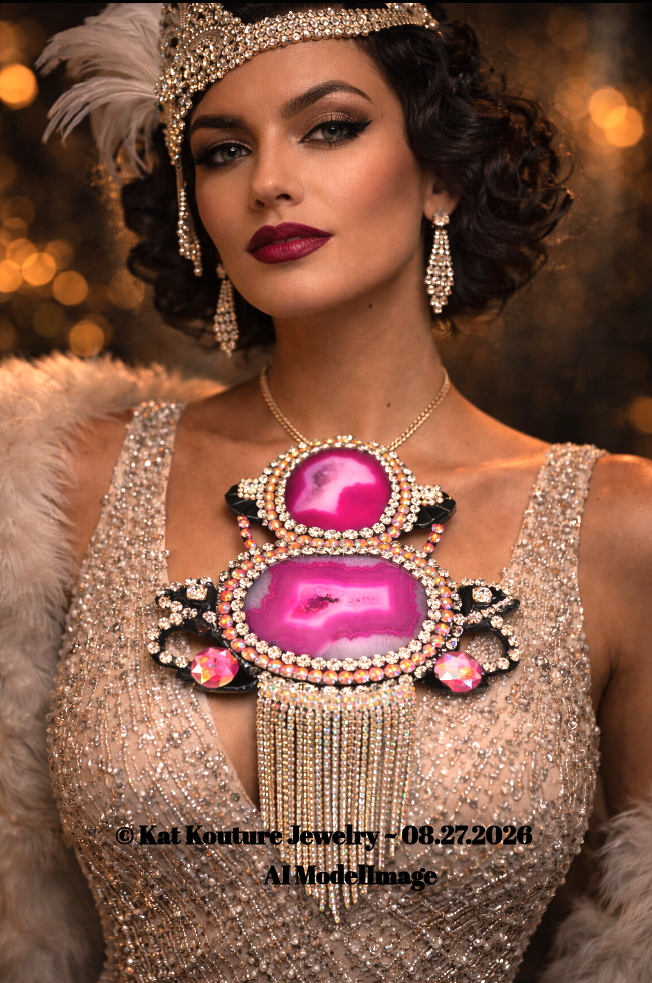 Art Deco Hot Pink Druzy Agate Bling Chest Piece - Rhinestone Gatsby Style