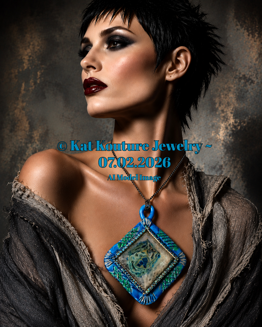 Blue Druzy Agate Sculpted Pyramid Pendant - Bold Unisex Power Amulet