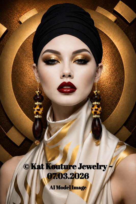 Wood, Leopard & Gold Tone Metal Beaded Shoulder Duster Earrings