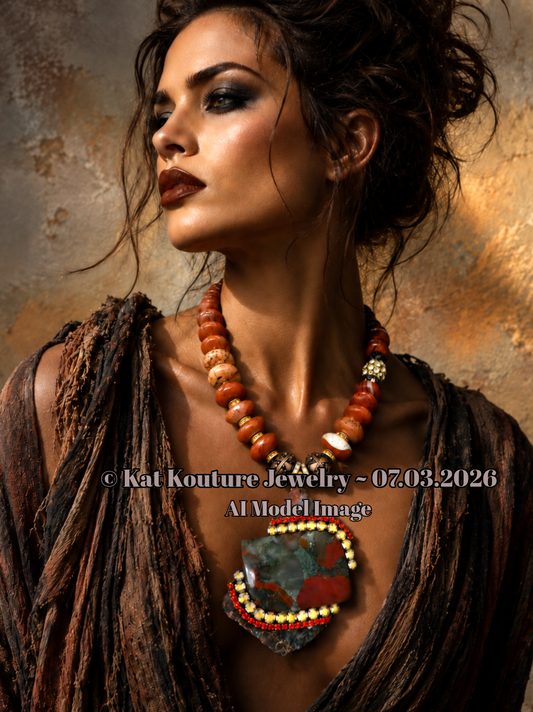 Rustic Red Agate & Jasper Statement Pendant Necklace - Androgynous