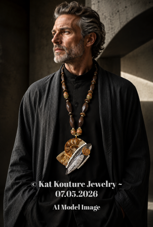 Ammonite & Orthoceras Stately Fossil Pendant Necklace - Mens/Unisex
