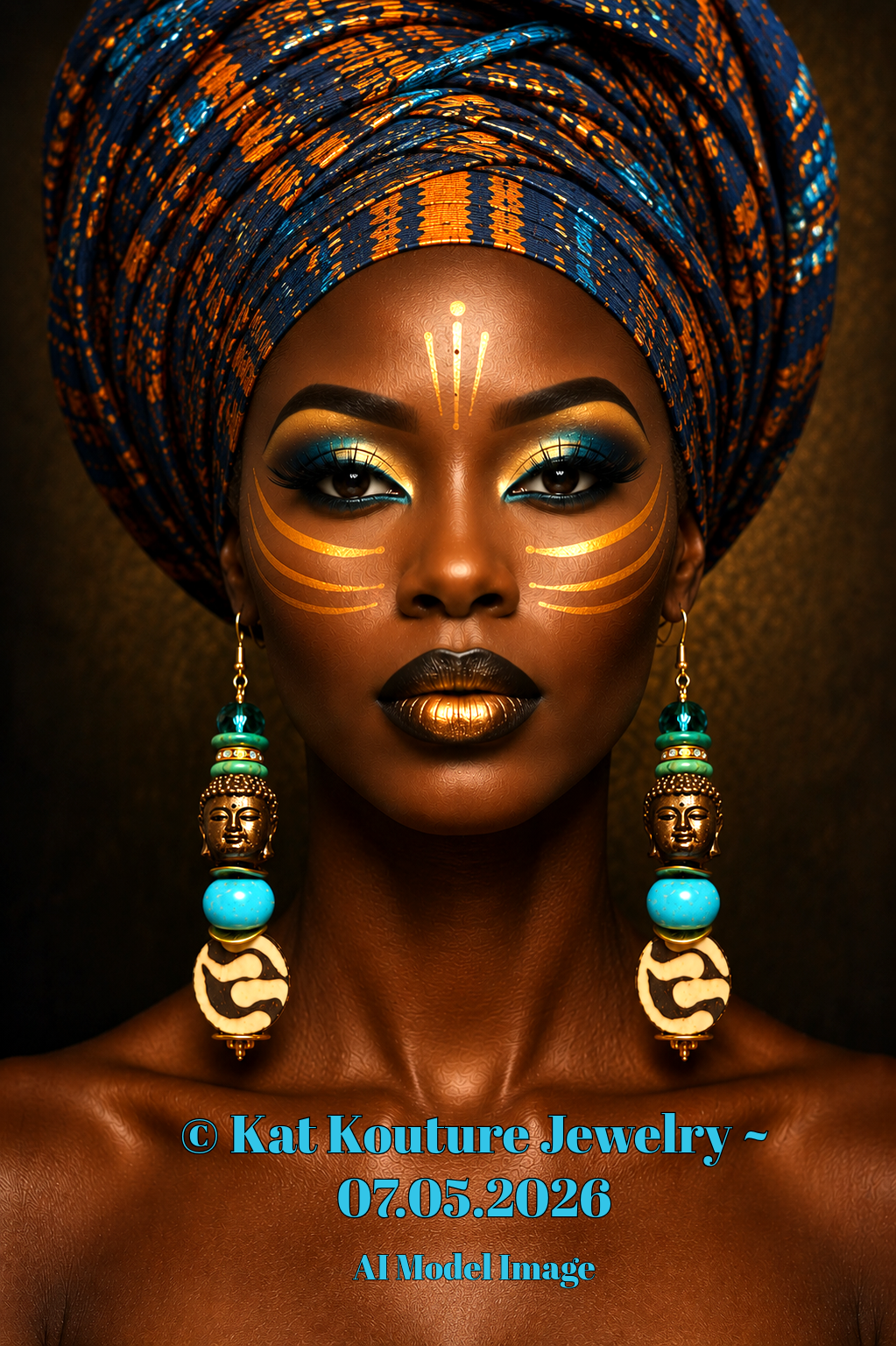 Blue & Brown Buddha Head Dangle Tribal Statement Earrings - African