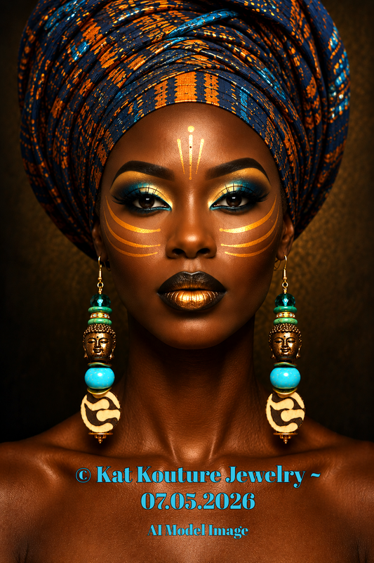 Blue & Brown Buddha Head Dangle Tribal Statement Earrings - African