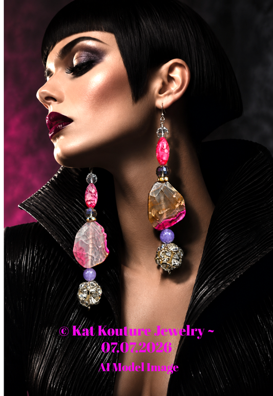 Hot Pink Agate & Rhinestone Ball Beaded Drop Statement Earrings