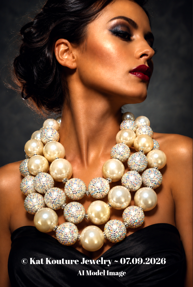 Huge Ivory Faux Pearl & Aurora Borealis Rhinestone Ball Statement Necklace