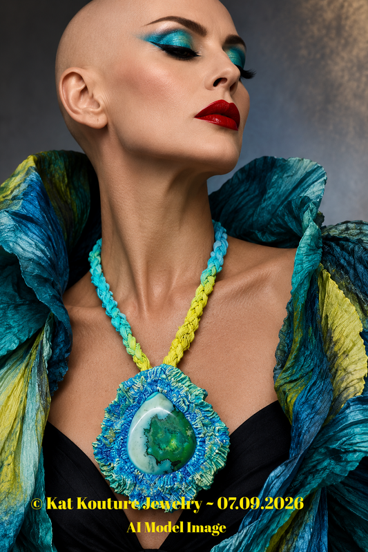 Emerald Green - Blue  Druzy Agate Pendant & Sari Silk Braid - OOAK