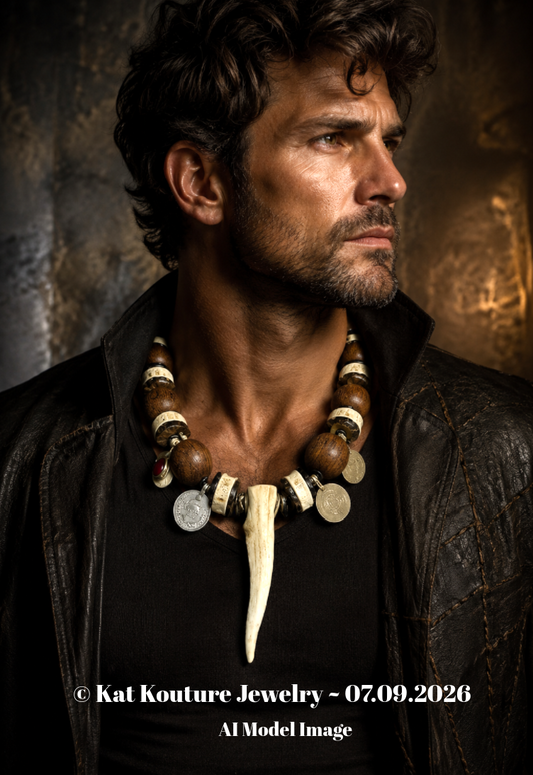 Antler Wood Shark Vertabrae & Kuchi Coin Unisex Tribal Bib - Warrior