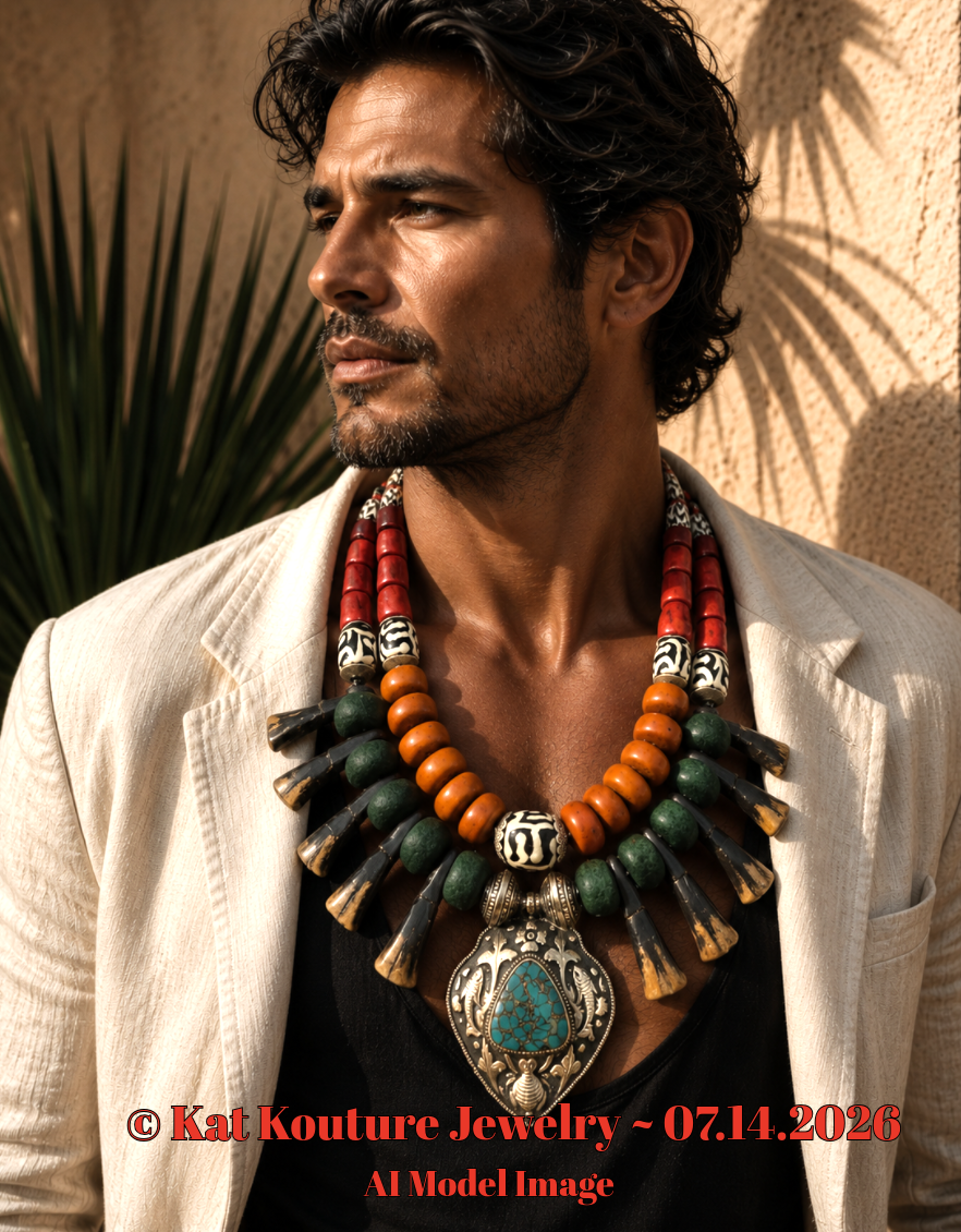 Exotic Tribal Luxe Necklace - Moroccan Resin, Zebu Bone & Bison Teeth