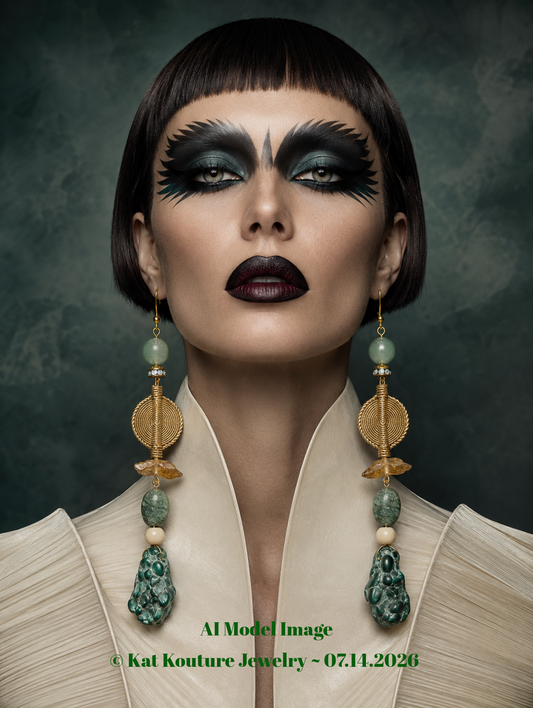 Malachite Citrine & Lost Wax Brass Shoulder Duster Statement Earrings