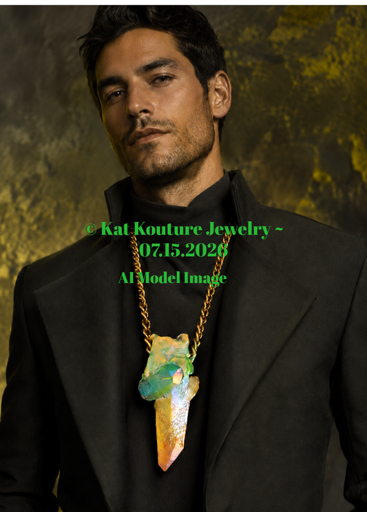 Yellow & Green Rough Aura Quartz Sculpted Statement - Warm Brass Chain