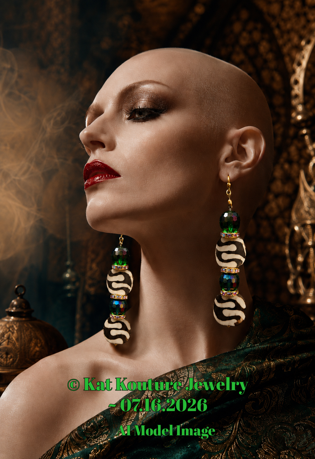 African Batik Bone & Emerald Green Crystal Dangle Statement Earrings