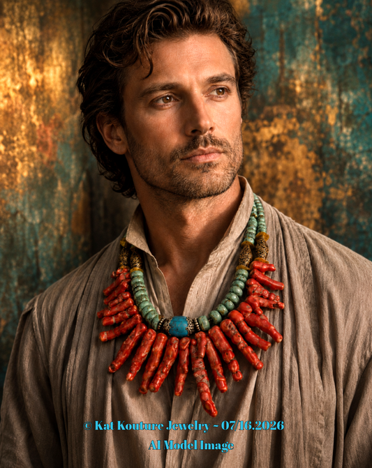 Red Branch Coral, Turquoise & Tibetan Brass Repousse Statement Bib