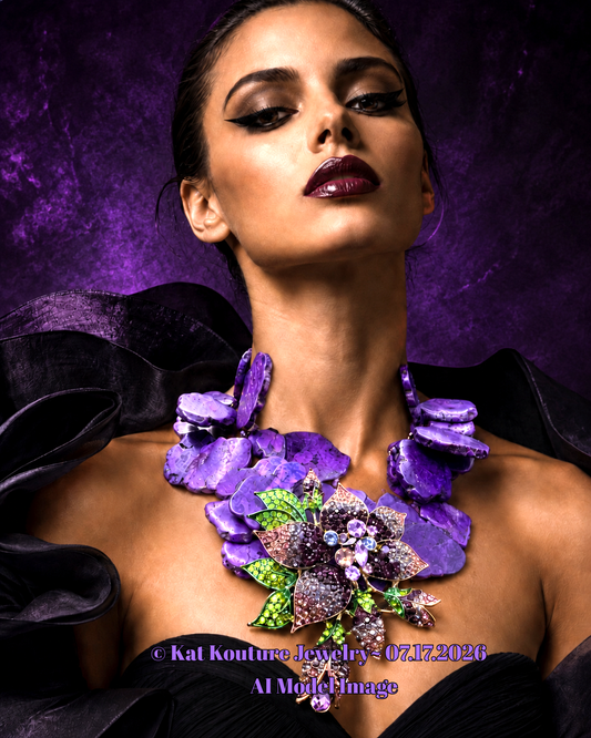 Purple Resin Slab Statement Necklace with Huge Rhinestone Flower