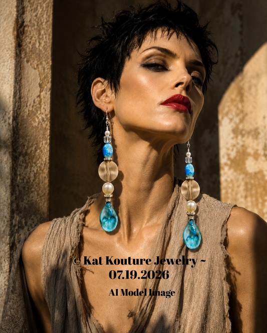Blue Abalone Shell & Faux Pearl Long Pierced Statement Earrings