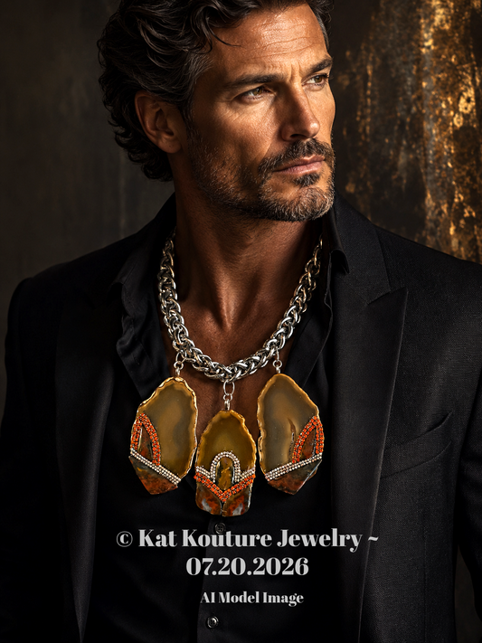 Agate & Jasper Triple Slice Statement Necklace  - Unisex Gemstone Collar