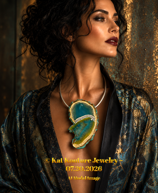 Green Agate Avant Garde  Sculpted Unisex Pendant - Rhinestone Details
