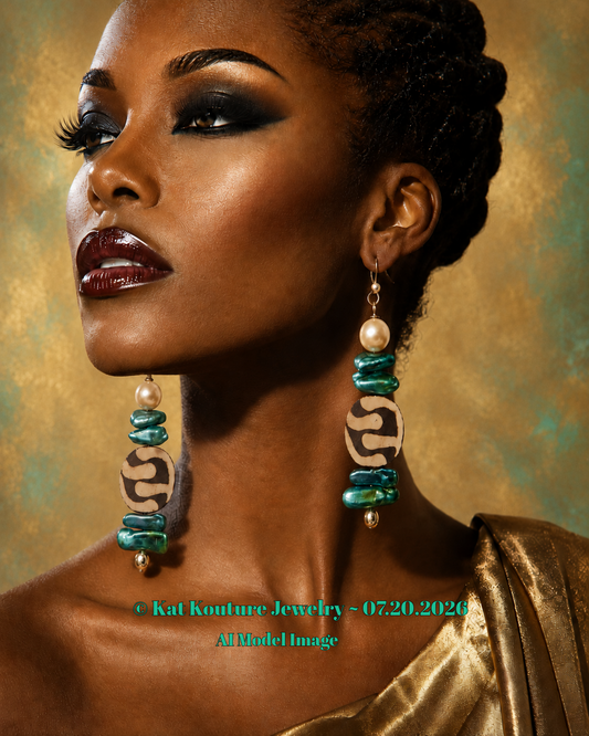 Green Freshwater Pearl & African Batik Bone Dangle Statement Earrings