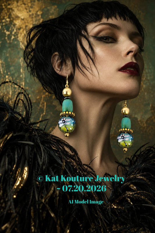 Dragonfly Mixed Media Dangle Pierced Statement Earrings - Green & Gold