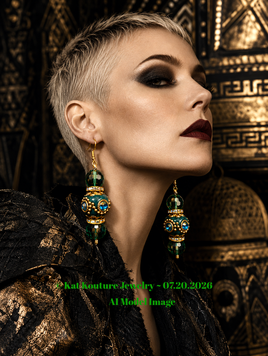 Emerald Green Polynesian & Crystal Beaded Dangle Statement Earrings