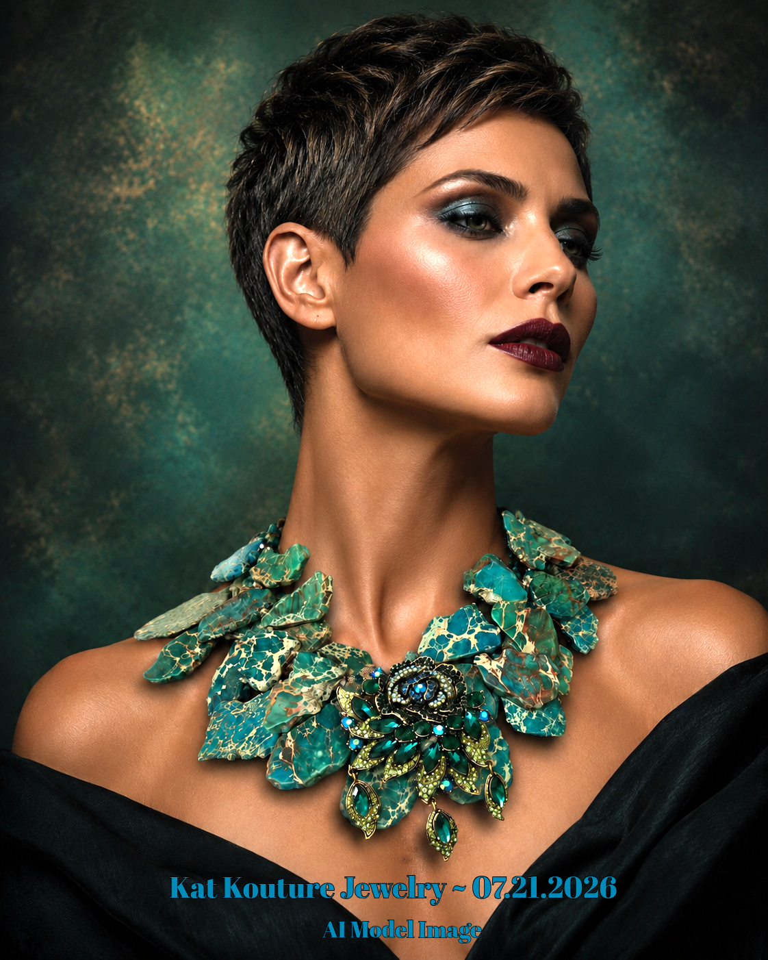 Teal & Beige Resin Slab Necklace - Teal Green Rhinestone Rose Pendant