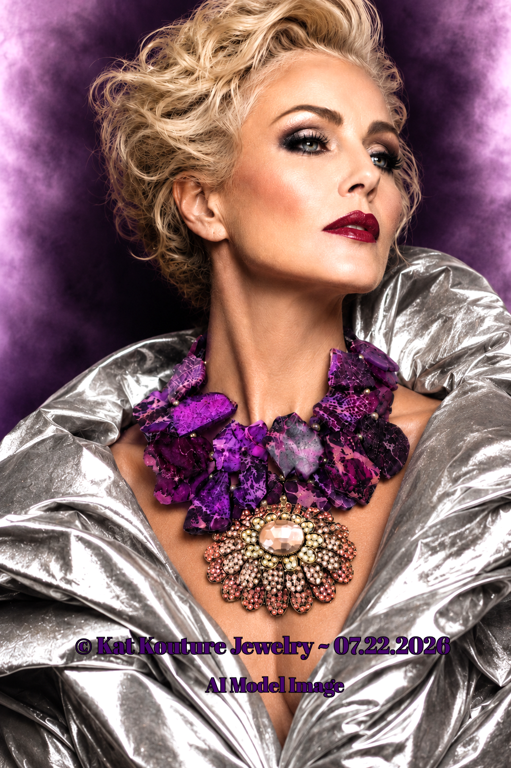 Variegated Purple Slab Statement Necklace -  Peachy Pink Bling Pendant