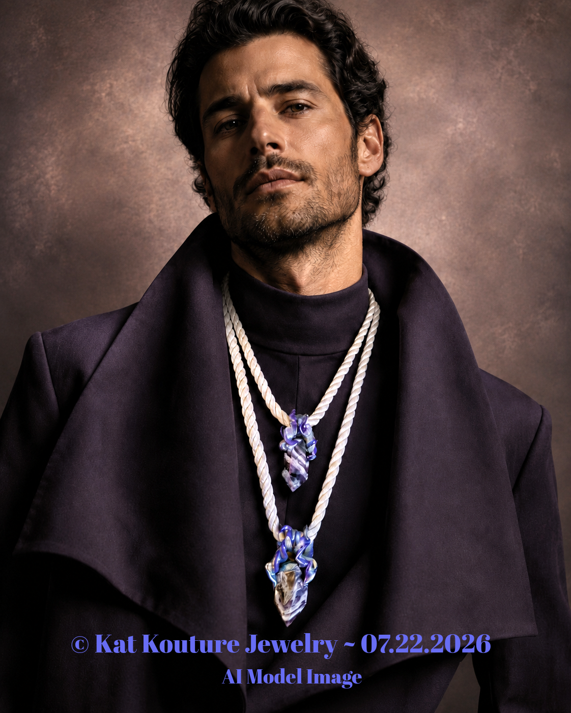 Double Chevron Amethyst Point Sculpted Silk Rope Necklace - Unisex