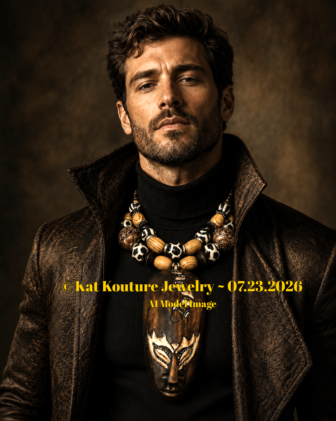 Indonesian Wood Mask Unisex Chest Piece - Earthy Beaded Necklace
