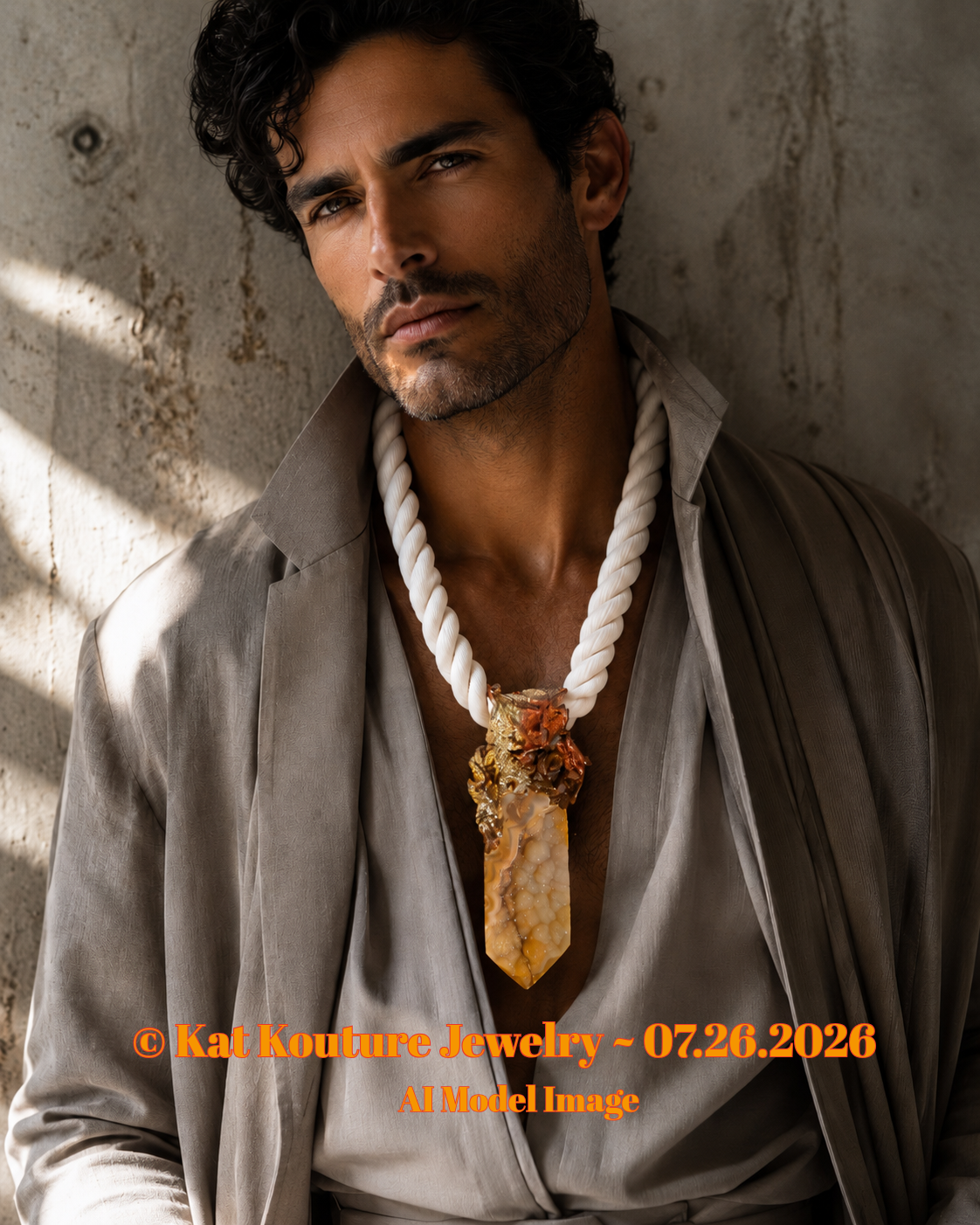 Earthy Druzy Agate Sculpted Tower & Thick Beige Rope - Boho Couture