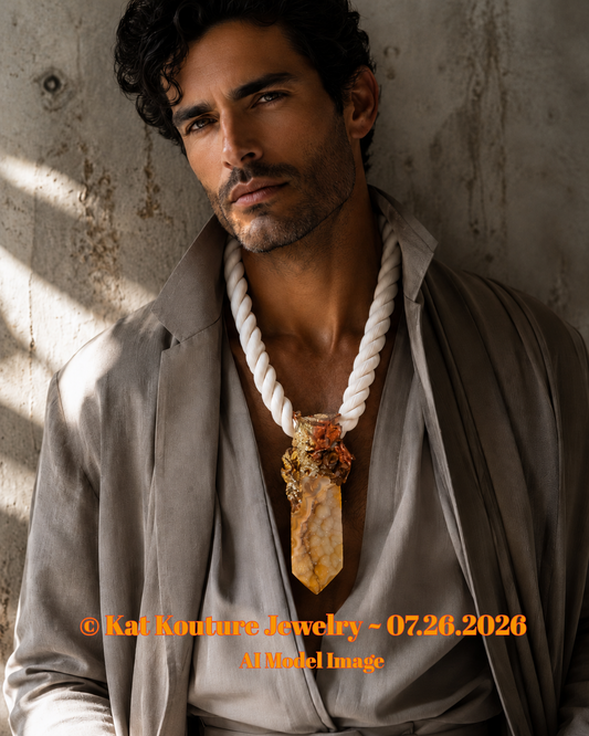 Earthy Druzy Agate Sculpted Tower & Thick Beige Rope - Boho Couture
