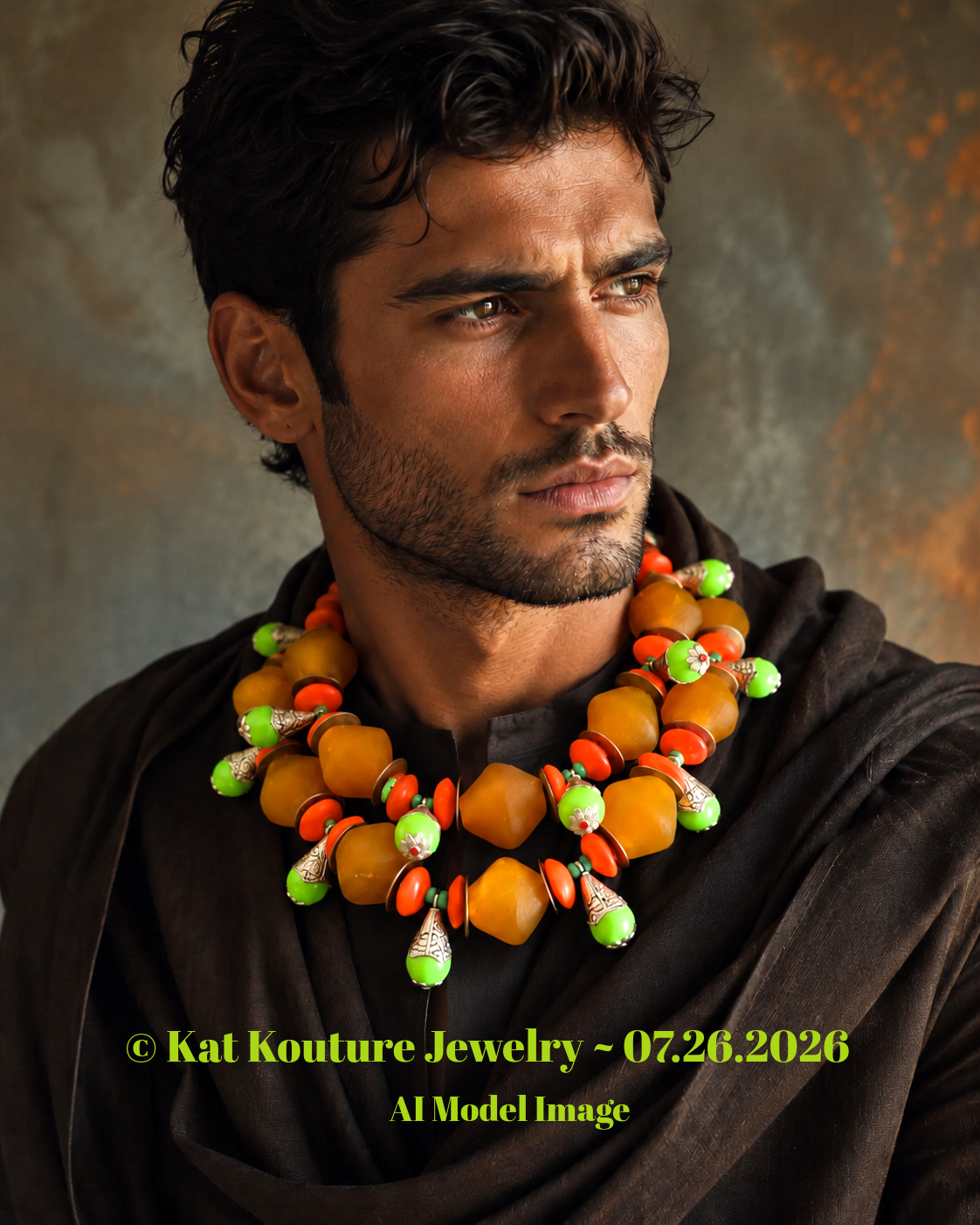 African Beaded Tribal Oversized Necklace - Orange Green Red & Yellow
