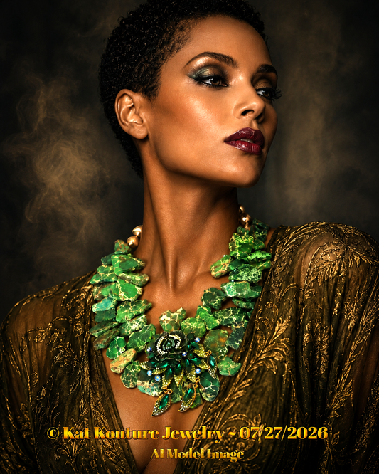 Green & Beige Sea Sediment Slab Statement Necklace -  Emerald Green Rose Pendant