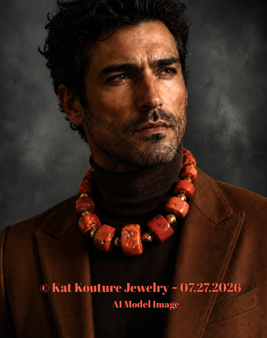 Salmon Red Bold Chunky Unisex Coral Necklace with Mid-Century Brass Beads