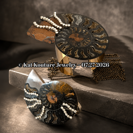Rare Black Ammonite Statement Cuff and Ring Set for Women