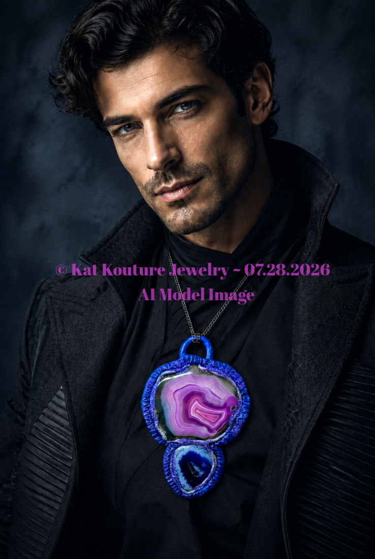 Purple Pink & Sapphire Blue Sculpted Agate Totem Pendant - Unisex