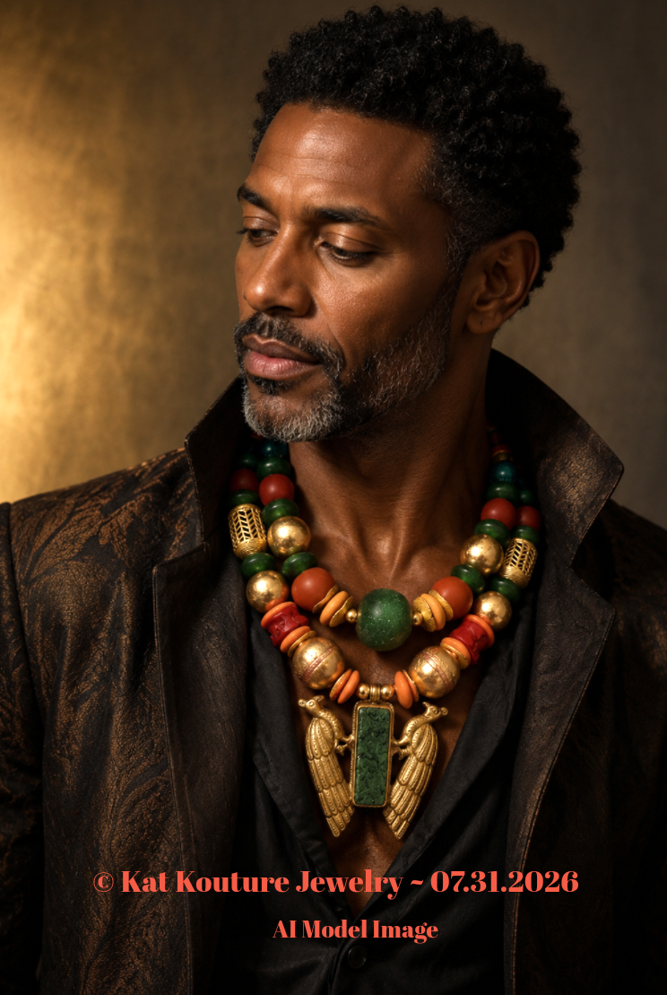 African Beaded Statement Luxury Necklace - Double Peacock Repousse