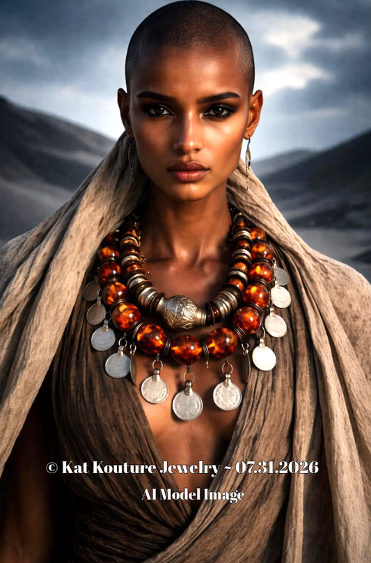 Tibetan Amber & Kuchi Coin Oversized Tribal Statement Luxury Necklace