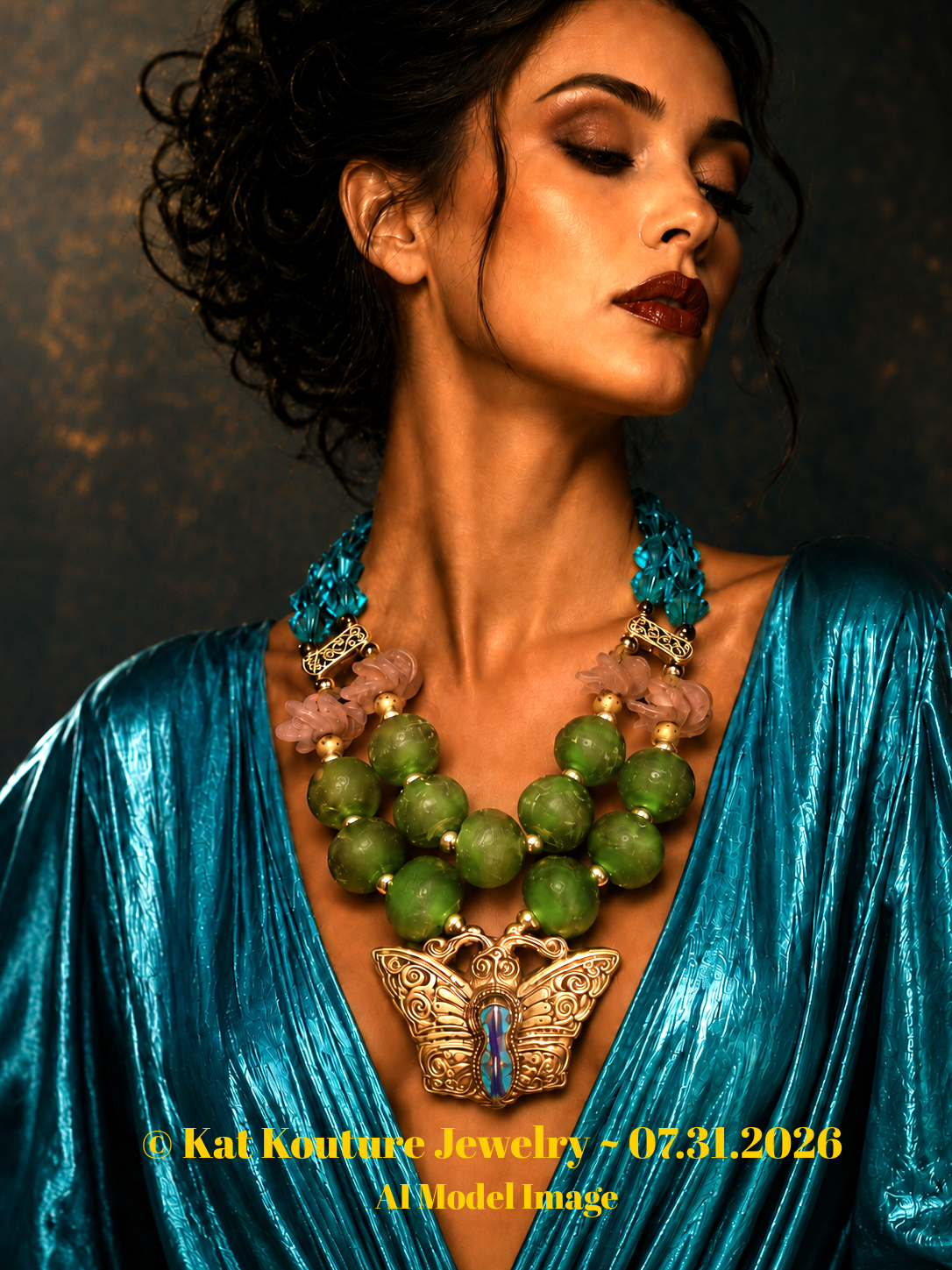 Oversized African Glass Beaded Necklace With Tibetan Brass Buttterfly