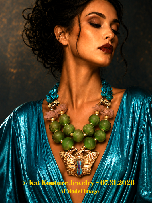 Oversized African Glass Beaded Necklace With Tibetan Brass Buttterfly