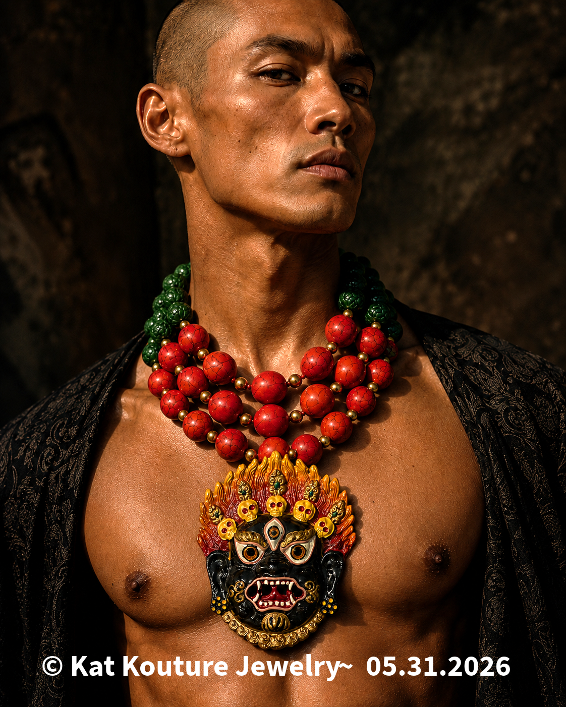 3 Strand Gemstone Beaded Statement Necklace - Mahakala Mask Pendant
