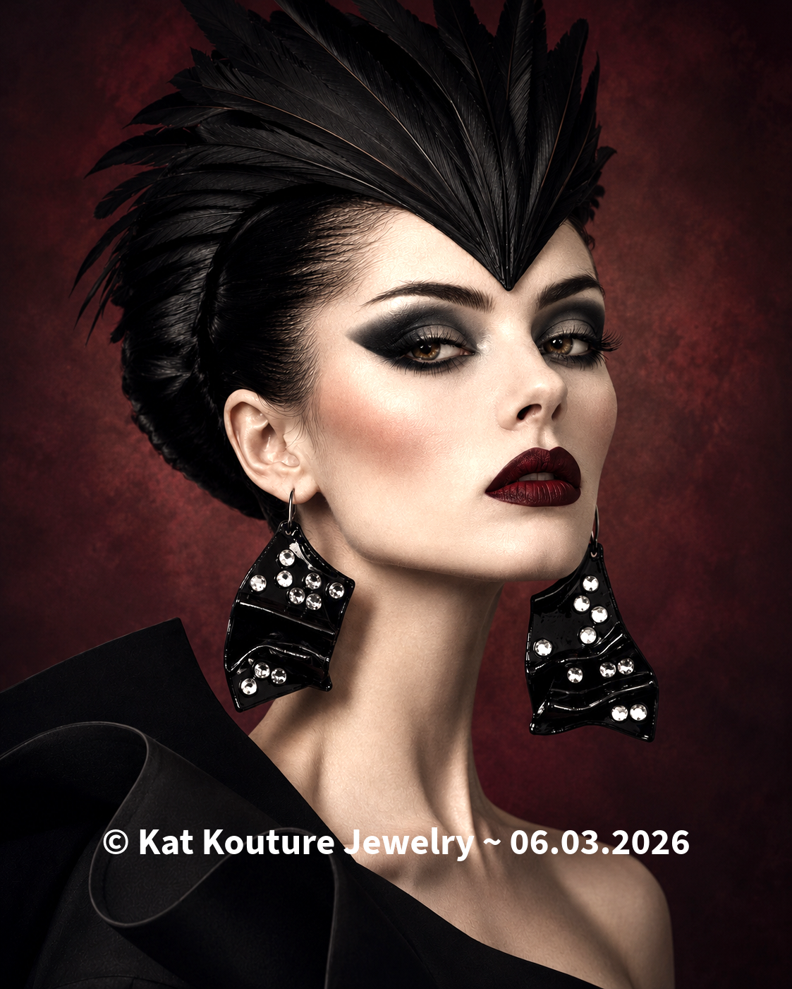 High Gloss Black & Crystal Sculpted Avant Garde Pierced Earrings