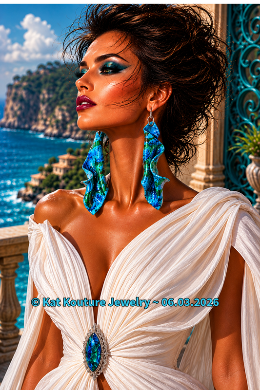 Sensuous Metallic Blue & Green Hand Sculpted Shoulder Duster Earrings