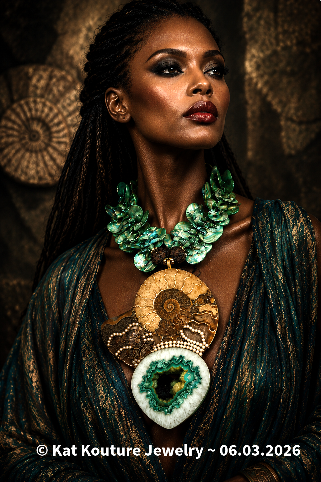 Ammonite Fossil, Abalone & Druzy Agate Chest Piece - Wealthy Artisans