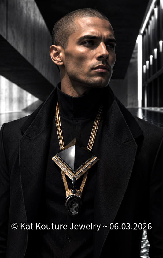 Mens Egyptian Revival Shungite Pyramid & Black Druzy Agate Chest Piece