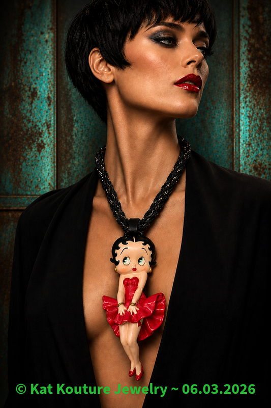 Betty Boop Figurine Pendant With Black Cotton Rope & Metallic Threads