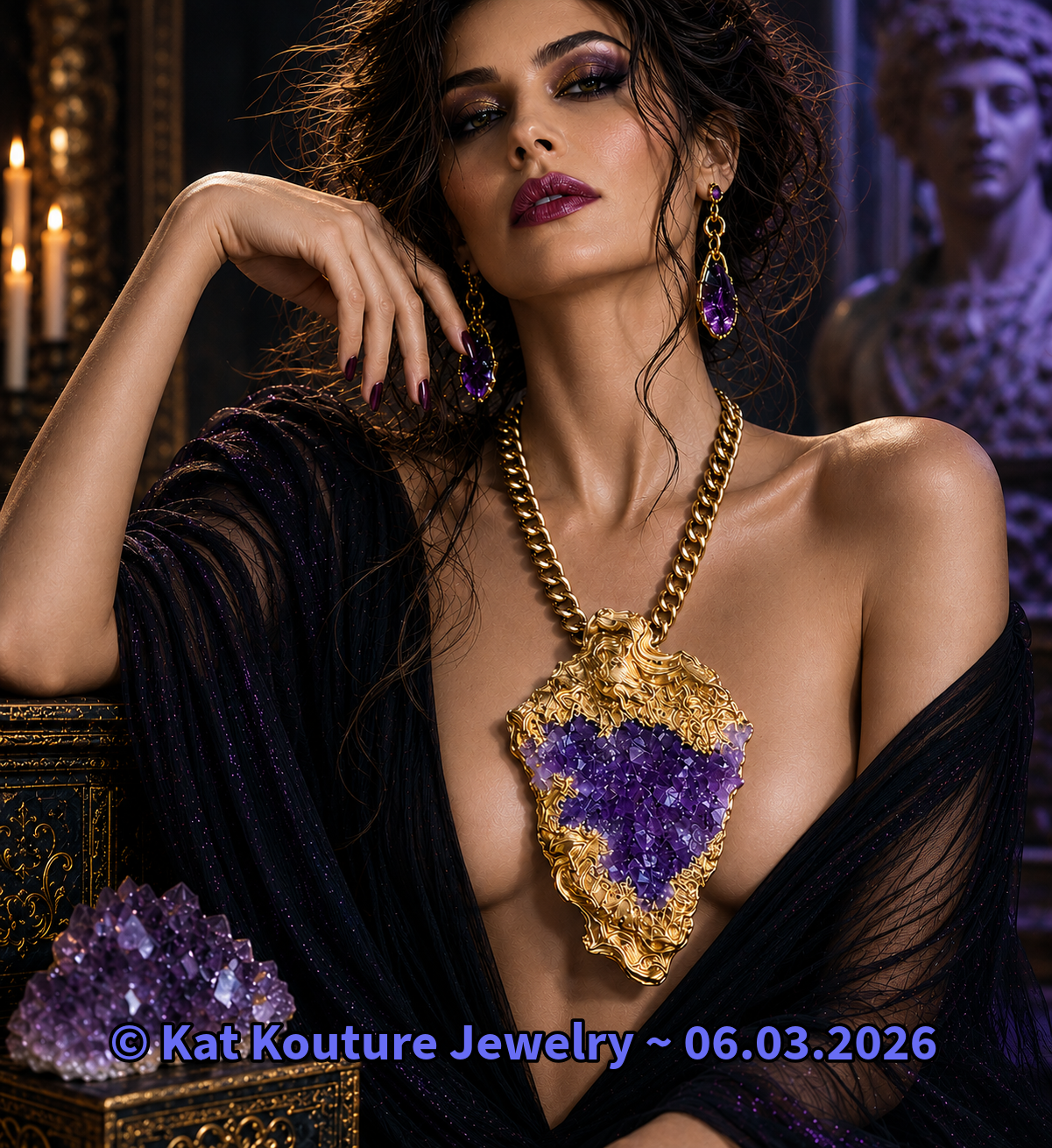 Gold Baroque Sculpted Rough Amethyst Statement Pendant - Gold Chain