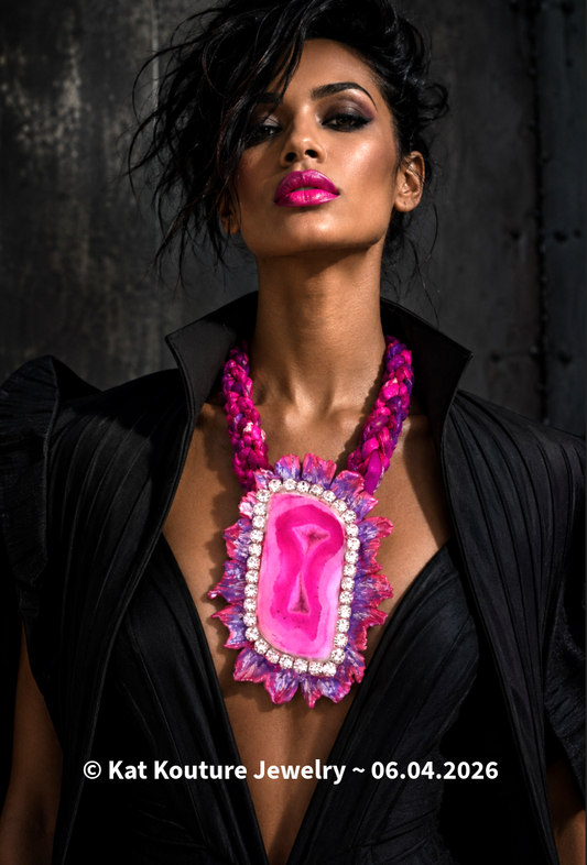 Hot Pink Druzy Agate Sculpted Rhinestone Pendant - Sari Silk Necklace