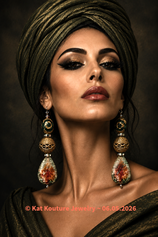 Earthy Agate Teardrop & Lost Wax Brass Dangle Statement Earrings